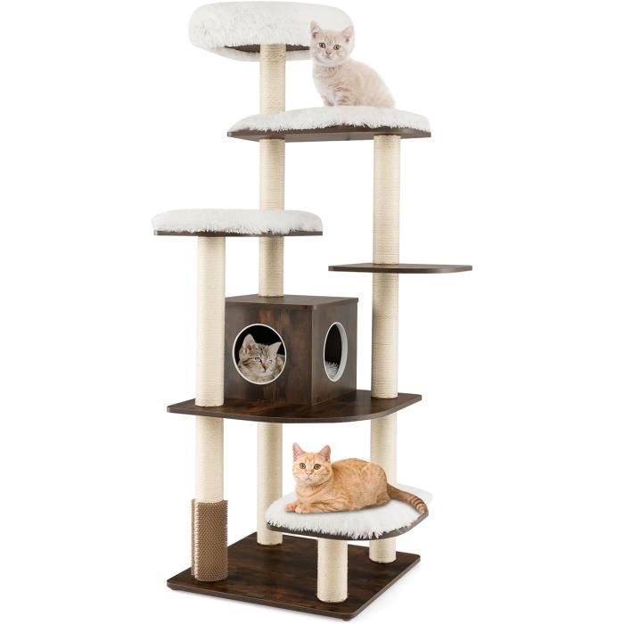 Comparer les prix de GOPLUS Arbre à Chat en Bois XXL, avec 9 Griffoirs & 1 Niche & 5 Plateformes & 5 Coussins lavables & Anti-Bascule, 175CM, Brun