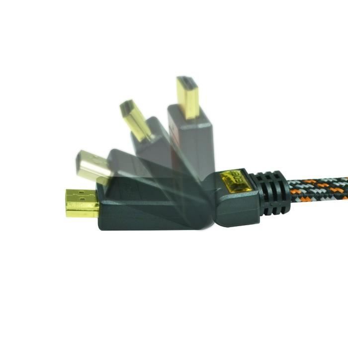 Câble HDMI 1.4 M/M, fiche or 2 mètres , nylon tressé, Ehternet 1 côté 90°c fixe, 1 côté inclinable vendu en cavalier