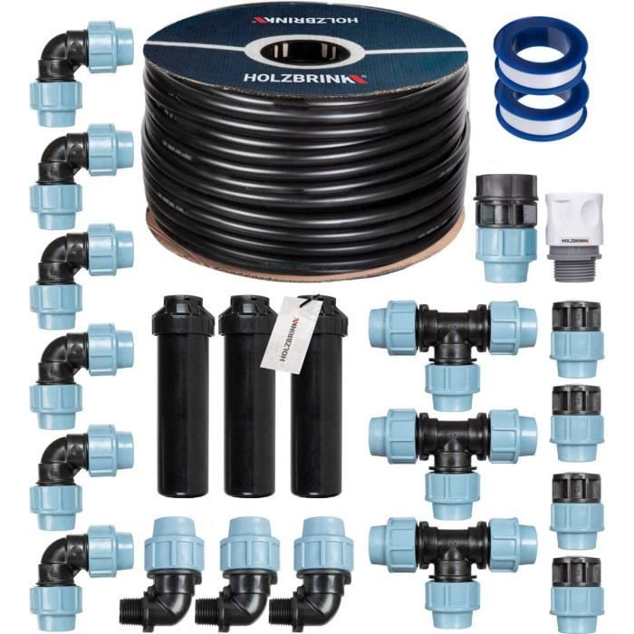 HOLZBRINK Kit d'arrosage automatique - système d'irrigation - pelouse - gazon - jardin - 100m Tuyau LDPE 25mm, 3x arroseur pop-up