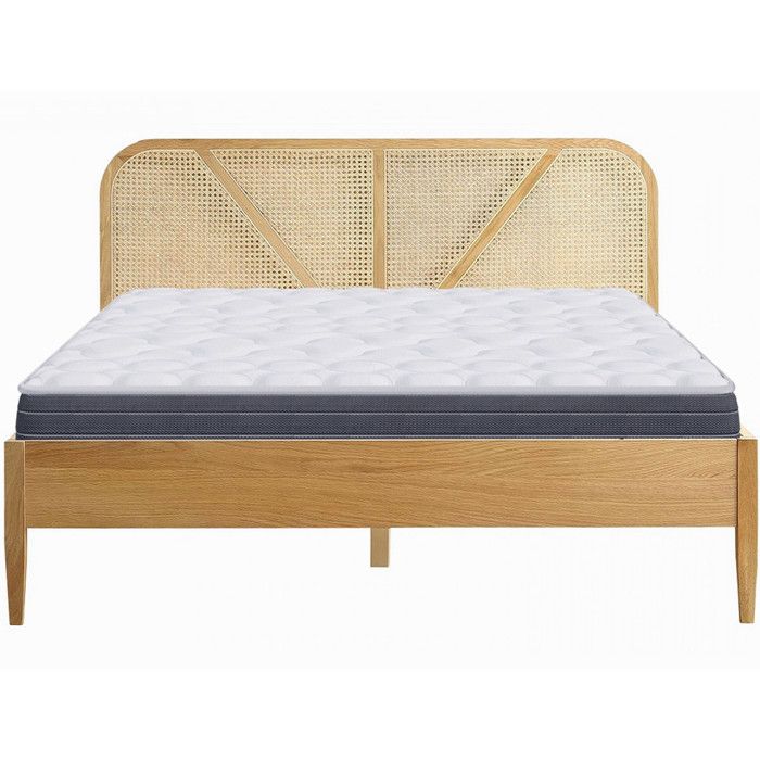 Ensemble lit adulte 180x200 en bois et cannage Leonie + Matelas accueil mémoire de forme Ensemble lit adulte 180x200 en bois et cannage Leonie + Matelas accueil mémoire de forme