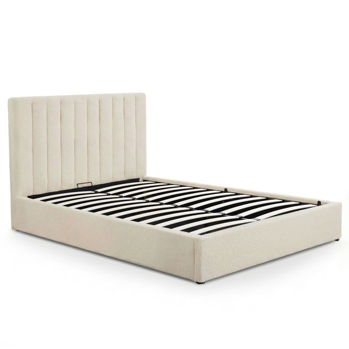MENZZO Lit Coffre Songe + Sommier Tissu bouclette Beige 140cm - Tissu L148 x P207 x H112 cm