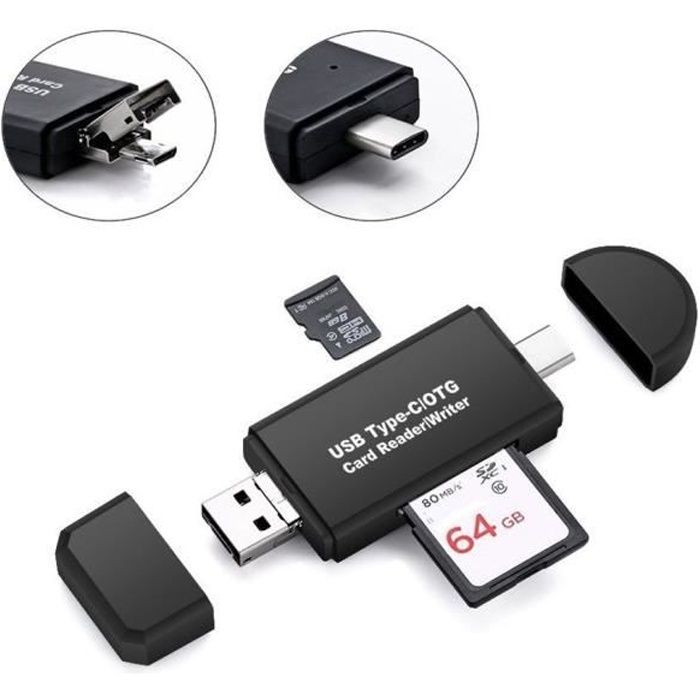 MONDPALAST Lecteur de Carte M&eacute;moire - Type C - 3 en 1 - USB 2.0 - Micro USB - Compatible Android 