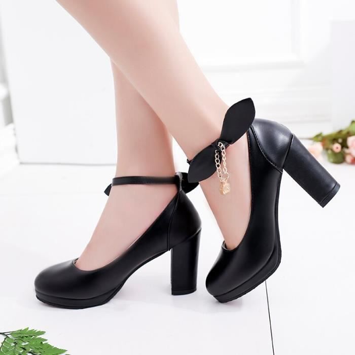 Escarpins a talons epais pour femmes chaussures de mariage taille 35 41 Noir