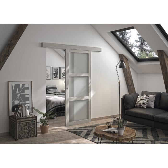OPTIMUM - Kit porte coulissante 3 carreaux + rail + bandeau Bilbao - H.204xL.83xP.4 cm - Chêne gris clair