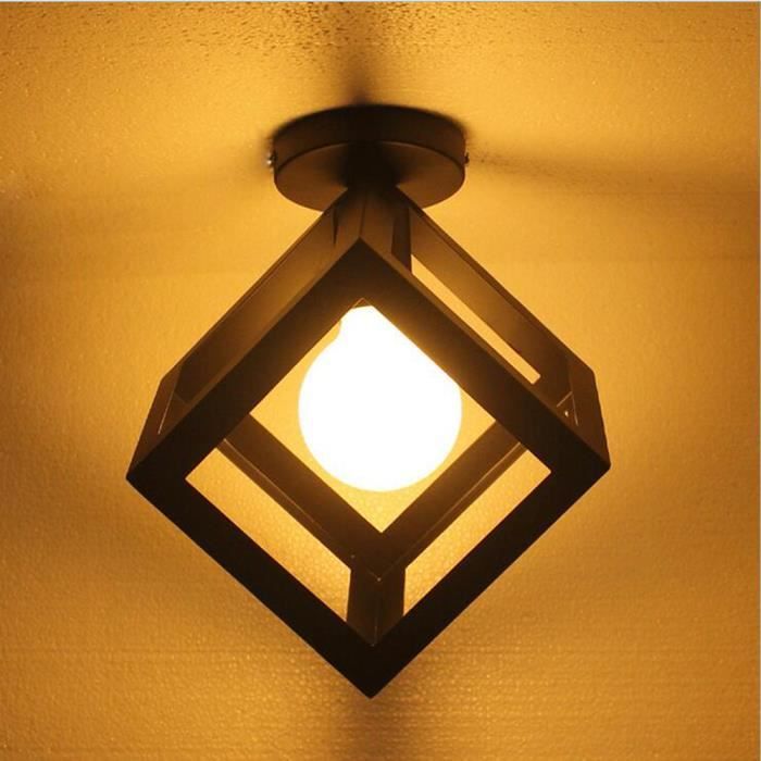 Plafonnier Luminaire Rétro Métal Vintage Fer Cage Noir Cube Industriel Métal pour Salon Cuisine Chambre