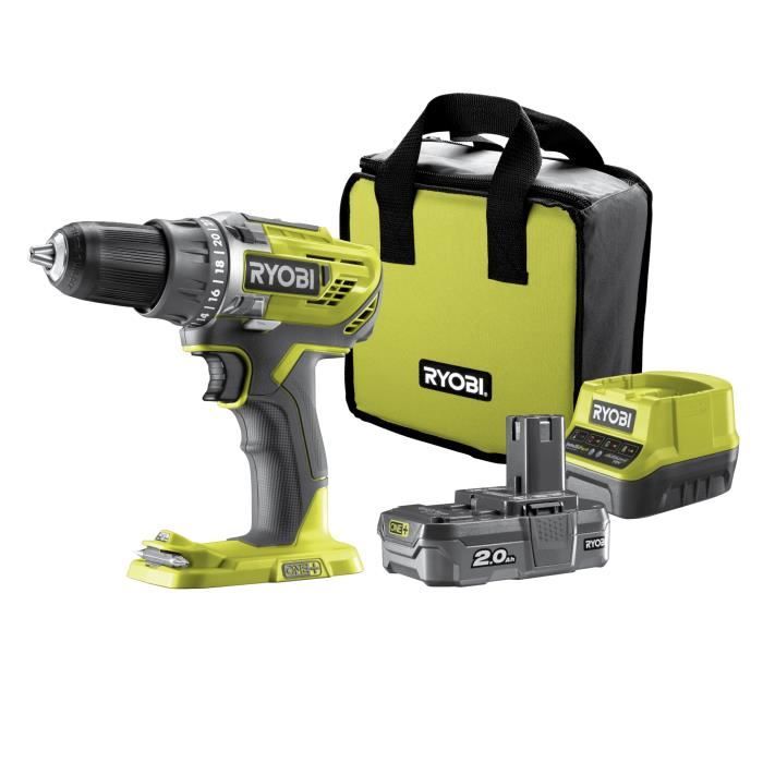 RYOBI Perceuse-visseuse sans fil 18V 50Nm Mandrin 13mm + 1 batterie 2,0Ah + chargeur rapide 2,0Ah +