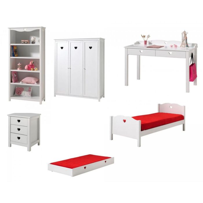 Chambre enfant 6 pi&egrave;ces bois laqu&eacute; blanc c&acute;ur 90x200 cm AMCO26
