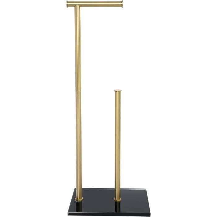 Porte Papier Toilette Sur Pied - Base Verre Trempé 12mm - Tige Acier Inox - Rangement Supplémentaire - Doré