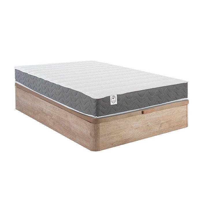 Ensemble 120 x 200 cm sommier coffre naturel clair + matelas mousse HD mémoire de forme et tissu 3D respirant ép.18cm - HEAVEN de