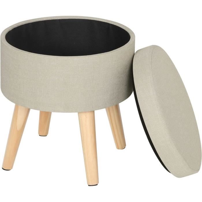 woltu tabouret rond pouf coffre de rangement repose-pieds,siège en lin pieds en bois massif, 35,8 x 34,2 x 21,6 cm ,crème blanc