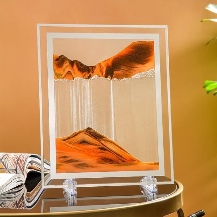 Cadre Sable Mouvant, Sablier de Relaxation 3D Verre Rond, Image d'art de Sable en Mouvement, Peinture de Sable Qui Coule Paysage de Sable pour la Maison(29cm orange-black ground