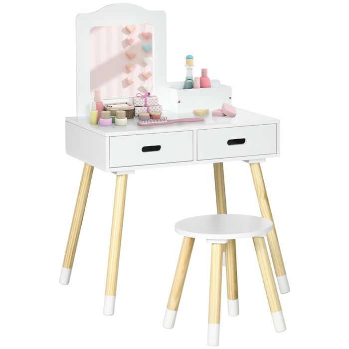 Coiffeuse enfant - table de maquillage - ZONEKIZ - tabouret miroir 2 tiroirs 3-6 ans - bois - 60x40x95cm - blanc bois