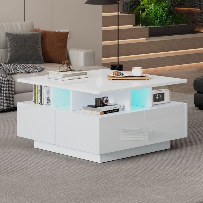 Table Basse Moderne Avec 2 Tiroirs - 100 X 50 X 35 Cm - LEDs - Bois MDF Et Plateau En Acrylique Noir 96240498