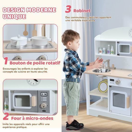 NAIZY – Cuisine En Bois Pour Enfants 85x65x24 Cm – Avec Micro-ondes, Four, évier, Ustensiles, épices – Jeu De Rôle Et Bricolage – Dès 3 Ans