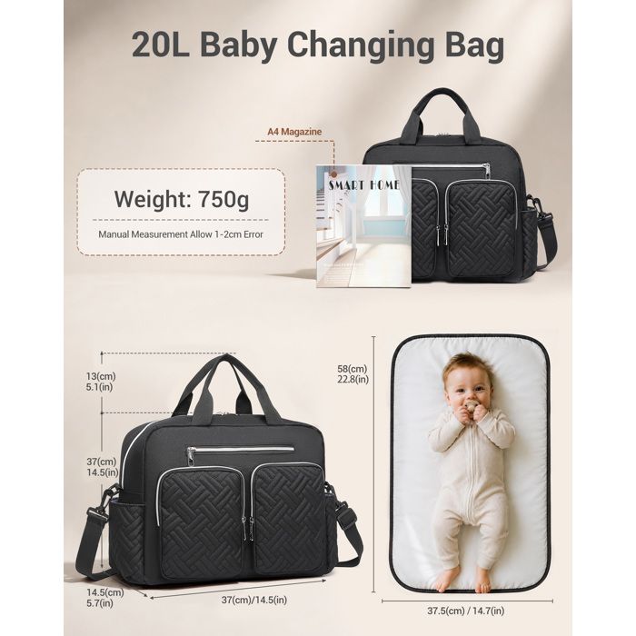 Sac à Langer Multifonction Grande Capacité - Poches Isothermes - Noir Foncé Pour Bébé