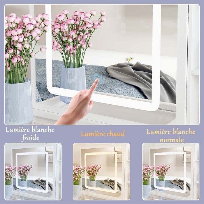 Coiffeuse Blanche Avec Miroir LED Coulissant Et Tabouret | 6 Tiroirs Rangement Maquillage | Pour Chambre Fille, Ado, Adulte