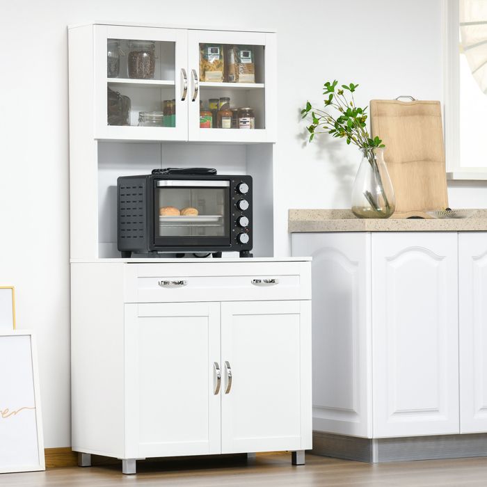 Armoire De Cuisine HOMCOM Avec Portes Vitrées - 1 Tiroir, étagères Réglables, Blanc - 79x40x180 Cm, Charge 50 Kg