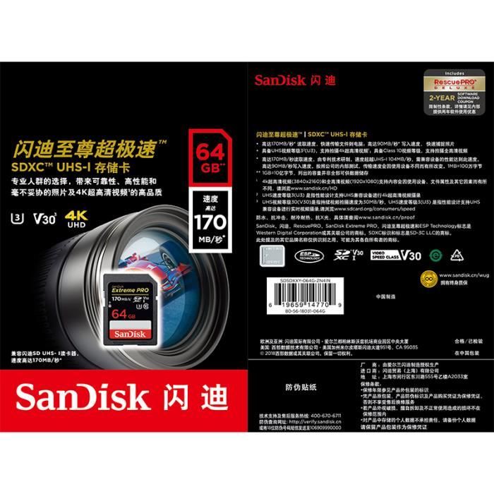 Carte SD SanDisk Extreme Pro SDHC SDXC UHS-I Classe 10 170M - S
