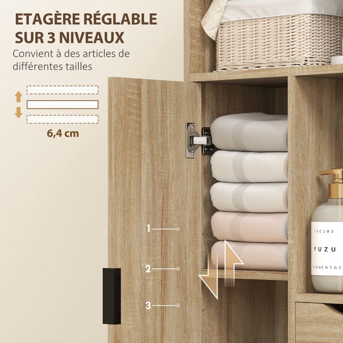 Meuble Salle De Bain Rangement Étroit En Bois, 37,5 X 40 X 150CM, Colonne De Rangement Pour