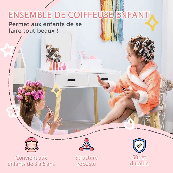 Coiffeuse Enfant ZONEKIZ 3-6 Ans Avec Tabouret Et Miroir - Rose 50x36,5x89,5 Cm