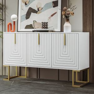 Buffet moderne avec étagères réglables - 3 portes à motif de U - poignées et base en métal - Blanc
