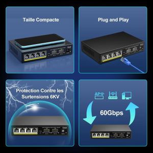 SWITCH - HUB ETHERNET  Switch réseau non géré VIMIN à 6 ports avec capacité de 2,5 Gbps,4 ports 2,5Gbase-T et 2 ports 10G SFP