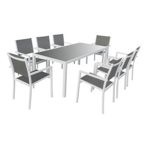 Ensemble table et chaise de jardin Salon de jardin BARI en textilène gris 8 places - 