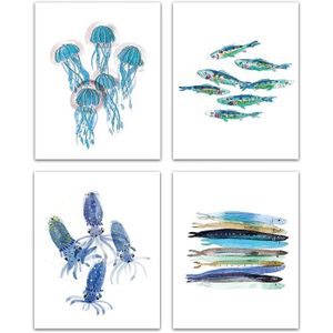 TABLEAU ENFANT Tableau Decoratif Pour Chambre De Bebe 4Pcs Drôle Coloré Salle Bains Ocean Life Citations Art Print Sea
