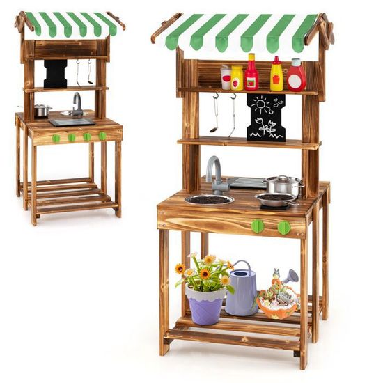 DREAMADE Cuisine Extérieure Enfants, Jeu Imaginaire avec Magasin d'Alimentation, Tableau Noir, Panier de Rangement, Boutons - Jeux - Jouets