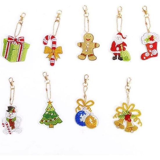 Kit Creation Pendentif Noel 15 Pcs 5D Porte-Clu00e9s Peinture Diamant Kit De Bricolage Diamant Peinture Decoration De Noel Porte