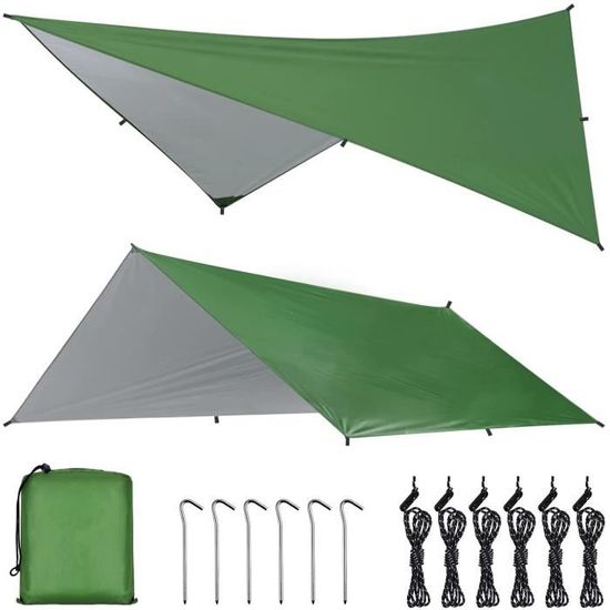 Camping Bâche Anti-Pluie 3x3m Abri de Randonnée Imperméable Bâche Hamac Tarp Rain Fly Toile de Tente Pliable Portable Léger.