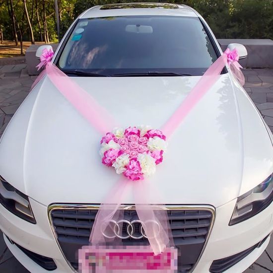 Décoration Voiture Mariage - 2 Noeuds En Fleurs Artificielles Roses Pour Rétroviseurs, Fête, Anniversaire
