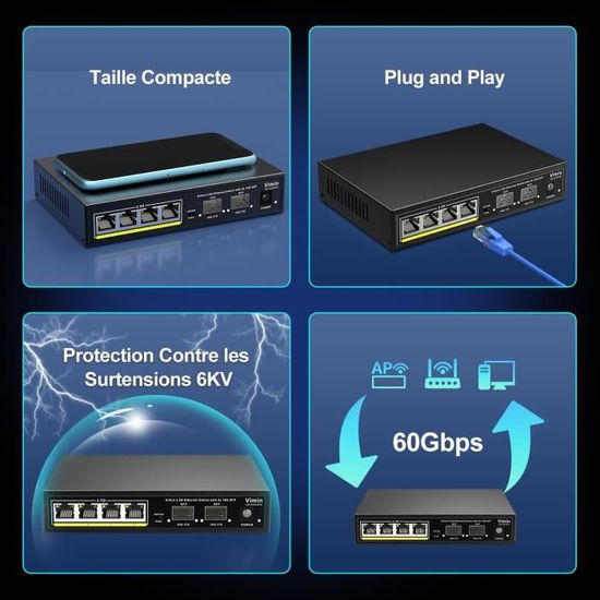 Switch Réseau Non Géré 6 Ports VIMIN - 4x Ports 2.5G + 2x Ports SFP+ 10G - 60 Gbps - Pour NAS, Gaming Et Réseau Domestique