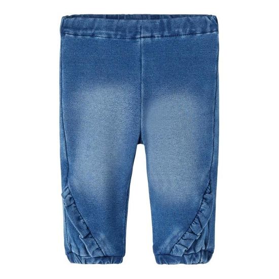 Pantalon Jeans Fille Bébé 6-12 Mois - Bleu Avec Fleurs Et Revers Rose, Neuf Avec étiquettes