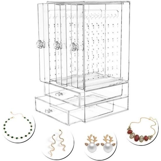 Porte-bijoux Transparent Avec 222 Trous + 3 Tiroirs - Organisateur Boucles D'oreilles, Colliers