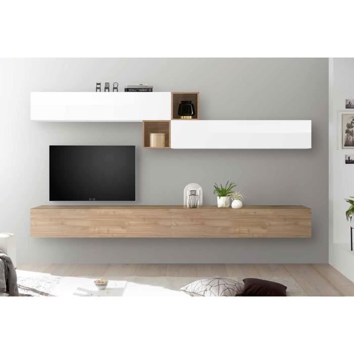 LUDOVICA 49 LAQUE BLANC ET NOYER ENSEMBLE COMPOSITION MURALE MEUBLE TV TENDANCE