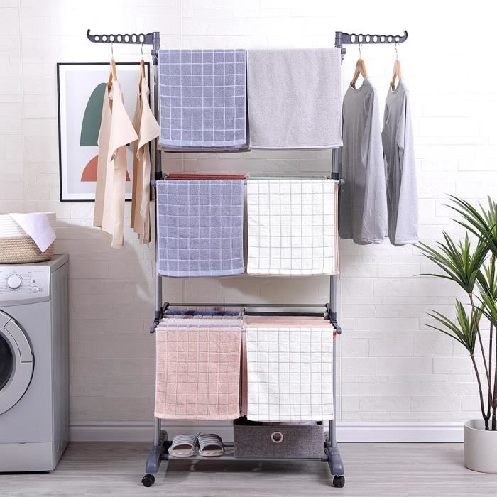 3 niveaux -grande capacité Porte-vêtements pliable en forme d'aile bipolaire-gris