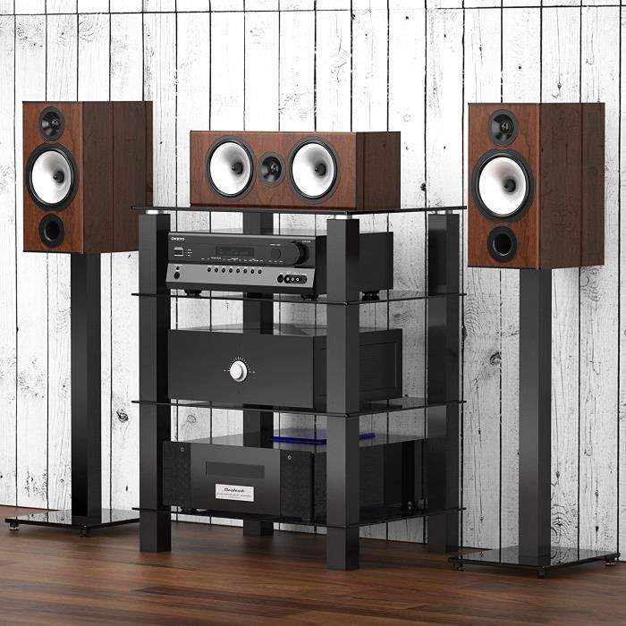 FITUEYES Meuble HiFi avec 4 Etagères pour Boitier TV Stéréo Lecteur DVD Enceinte Cinéma Xbox en Verre Trempé Noir AS406002GB