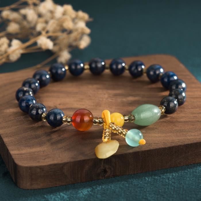 Bracelet en Pierre Naturelle Lapis lazuli à la mode sain, Bijoux Boho bleu, Breloques perle ronde pour femmes filles Cadeau de Noël