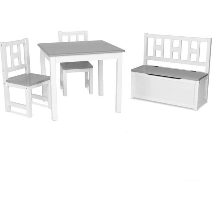 ib style® LUCA COLORS Ensemble table et chaises enfant | Bois dur | 4 tlg.: 1 table + 2 chaises + coffre à jouet | Blanc-gris