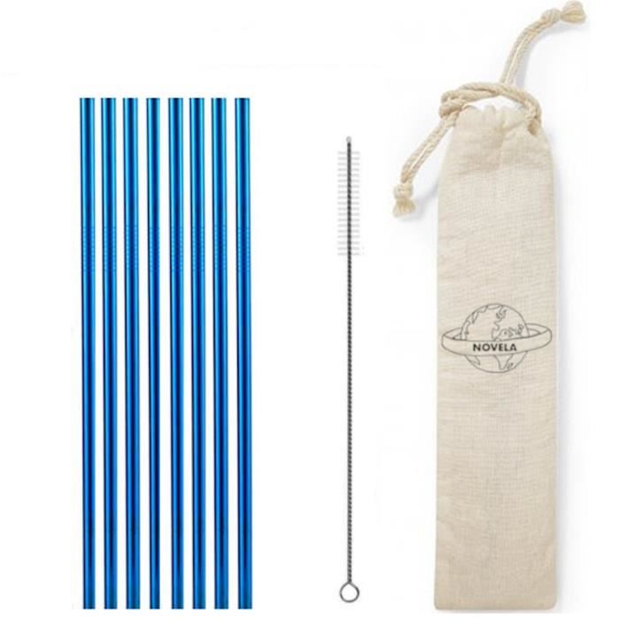 Pailles en inox bleu droites lot de 8