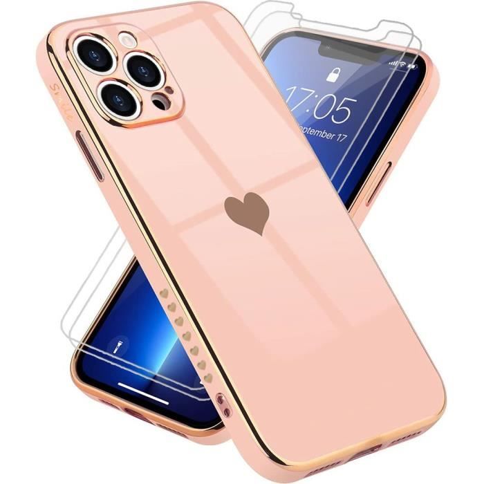 Coque Pour iPhone 13 Pro (6,1-) Rose Pack 2 Verres Trempés Antichoc TPU Amour-Mignon Anti-Rayure Luxe Galvanisé Or
