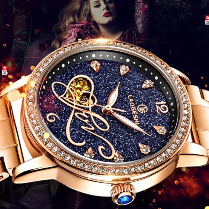 SHARPHY Montre femme mécanique automatique de marque haut de luxe étoiles pleines bracelet Acier