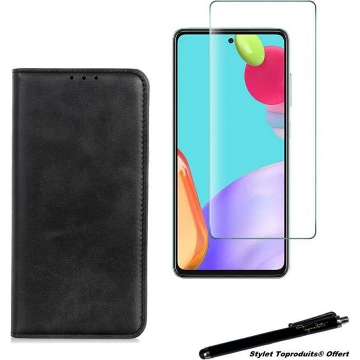 Etui portefeuille noir pour Samsung Galaxy A52 4-5G Housse à fermeture magnétique et Verre trempé 2,5D avec Stylet Toproduits®