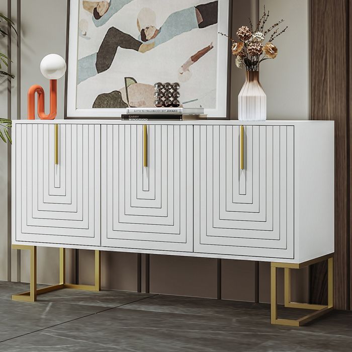 Buffet moderne avec étagères réglables - 3 portes à motif de U - poignées et base en métal - Blanc