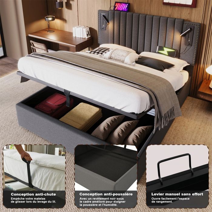 Lit Coffre 160x200 avec Sommier et LED - Lit 2 Personnes pour Adulte - Rangement - Lampe de Lecture - Coton - Gris