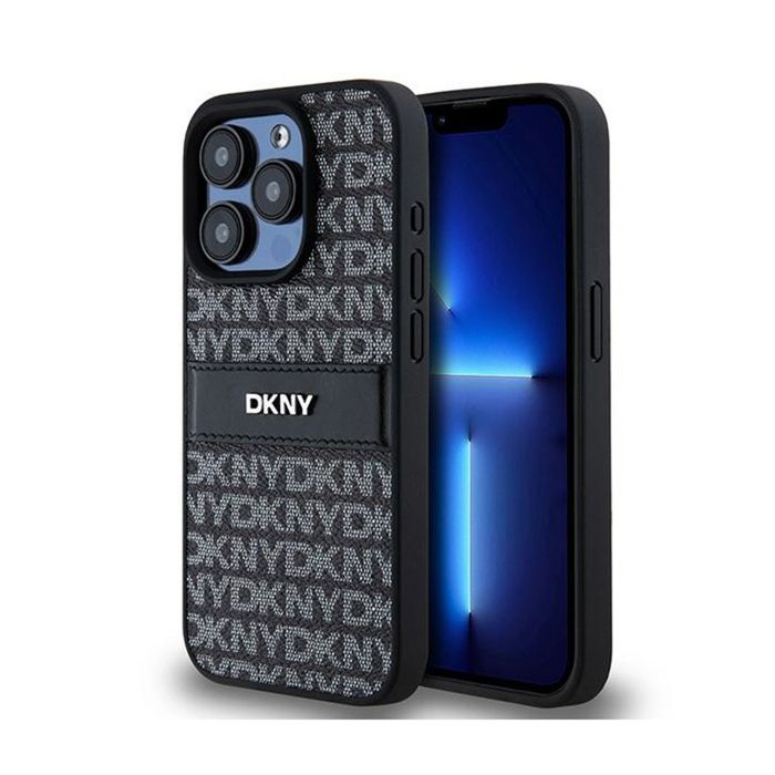 Étui pour iPhone 15 Pro Max - DKNY - Cuir Noir - Mono Stripe - Logo Métallique - Rigide