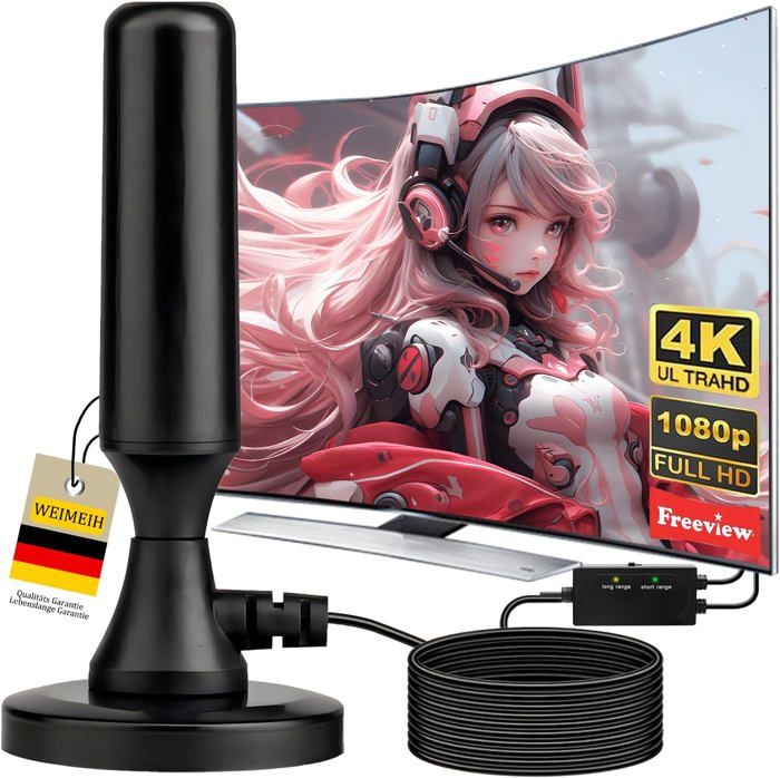 Antenne TV Intérieure DVB-T2 Avec Amplificateur - Portée 420 Km, Réception 360° - Compatible 4K/1080p - Base Magnétique