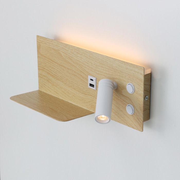 Applique mural pour lecture effet bois avec port USB - Éclairage 7W + lampe de lecture 3W 2700K (Droit)