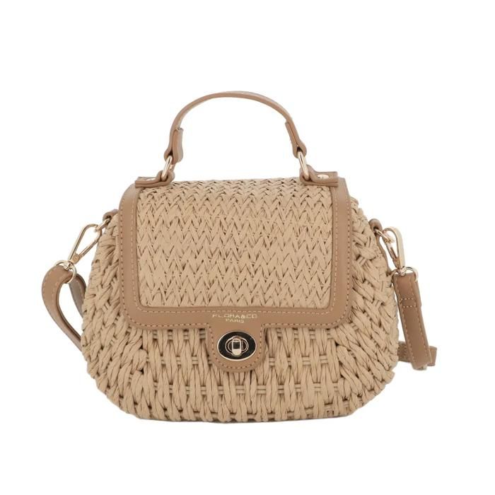Sac bandoulière en paille avec anses - Camel - Petit sac de plage à rabat - fermeture tourniquet